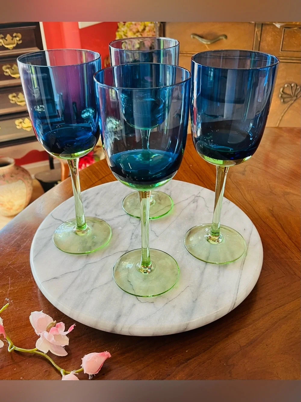 VTG Block Metropolis Festival Blue Green 9” Water Goblets Wine Glasses, 4-Set